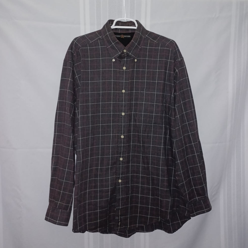 Tommy Hilfiger Button Down Mens L Gray Red Plaid Windowpane Cotton Long Sleeve